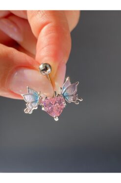 kurukafagift Göbek Çelik Piercing Yarasa Figürlü Kelebekli Pembe Zirkon Taşlı Kalpli Model