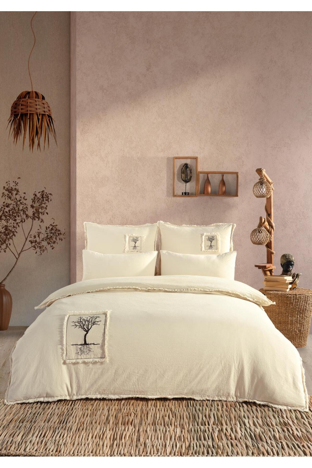 Uçkan home %100 Organik Pamuk 6 Parça Yıkanmış Kumaş Çift Kişilik Püsküllü Nakışlı Nevresim Takımı - Görsel 3