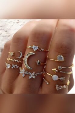 The Collection 9'lu Taşlı Kombin Ay yıldız kelebek ok kalp Tasarım Gold Yüzük Set