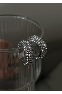 KİLİGİSTANBUL Gümüş Renk Mini Zirkon Taşlı Halka Küpe