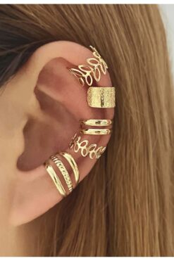 Alyeska Saç Aksesuarları 5li Gold Kıkırdak Küpe Seti - Deliksiz Tasarım