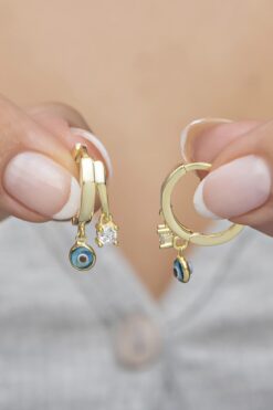 Nereze 925 Ayar Gümüş Bereketi Gold 10 Mm Halka Nazar Göz Küpe