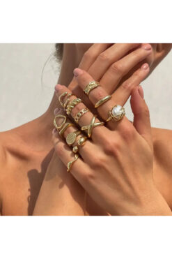 Takıtolia Luxor Gold 12 Adet İncili Fransız Tasarım Barok Tarz Vintage Çoklu Ayarlanabilir Altın Yüzük Seti