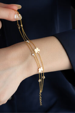 Silvano Jewelry 925 Ayar Gümüş 3 Sıra Yoncalı Taşlı Bileklik