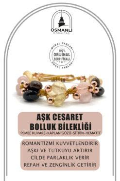 OSMANLI DEĞERLİ TAŞ (Aşk Cesaret Bolluk Bilekliği) Pembe Kuvars-Kaplan Gözü-Sitrin-Hematit Merdiven Kapama İpli Bileklik