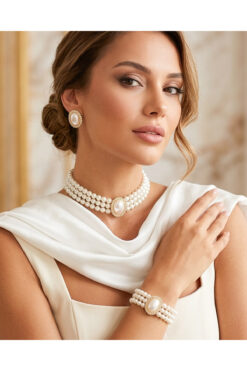 Happyline İncili taşlı gold kaplama inci tasma choker kolye tasarım kolye şık kolyeset küpe bileklik takım