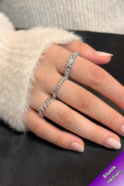 TREND COLLECTİON Zirkon Taşlı Gümüş Zarif Ayarlanabilir Kalp, Zincir, Yaprak Taç 3'lü Kadın Yüzük Seti