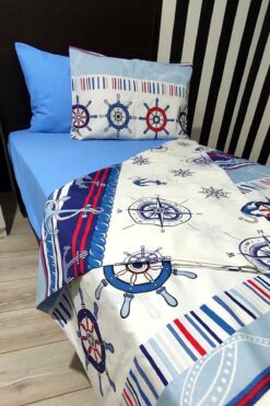 CANDAN ÇEYİZ Lastikli Çarşaflı Tek Kişilik Nevresim Takımı Denizci Mavi Çapalı Çocuk