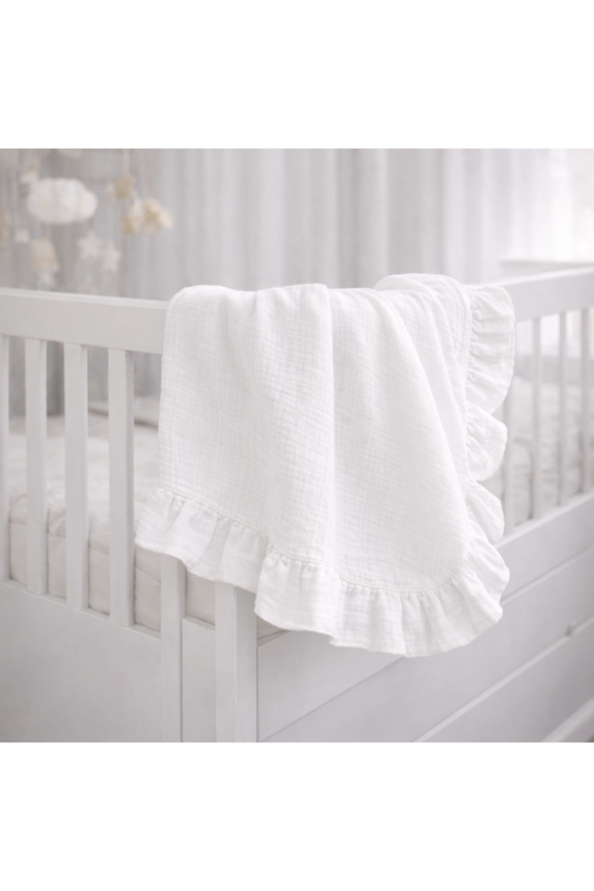 NOİSY TEKSTİL Bürümcük Müslin Bebek Battaniyesi | Fırfırlı | 2 Katlı | Beyaz | %100 Organik Pamuk | 110x110 cm - Görsel 2