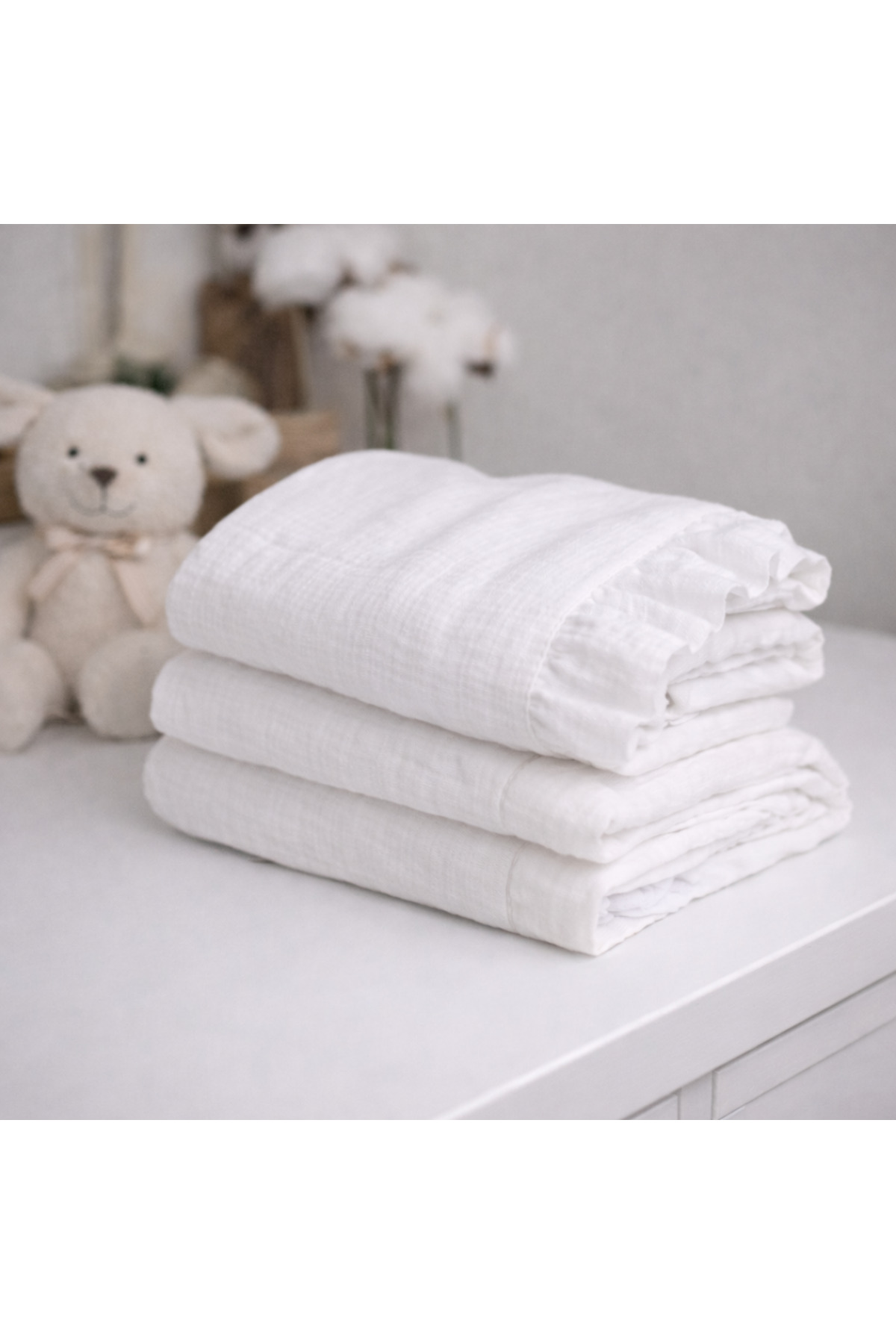 NOİSY TEKSTİL Bürümcük Müslin Bebek Battaniyesi | Fırfırlı | 2 Katlı | Beyaz | %100 Organik Pamuk | 110x110 cm - Görsel 3