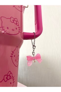 bohemian takı tasarim Pembe Fiyonklu Termos Suluk Charmı Çanta Süsü Zincirli Charm