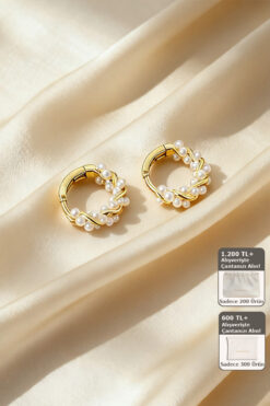 Shylyn 925 Ayar Gümüş İğneli(tamamı gümüş değildir) Altın Renk İnci Çelenk Küpe