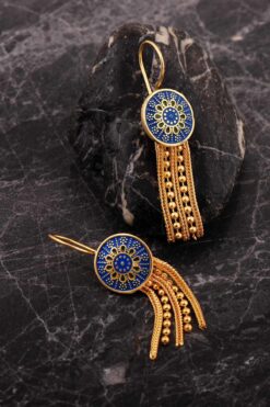 Sümer Telkari Mardin Güneşi Altın Kaplama Mineli Hasır 925 Ayar Gümüş Küpe 7254