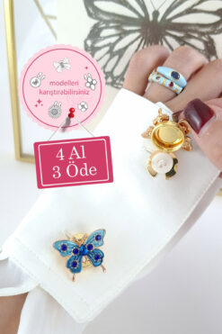 Norevia 4 Al 3 Öde Mavi Mineli Kelebek Model Lüks Yaka ve Kol Düğmesi Kapağı ve Broşu (1 adet)