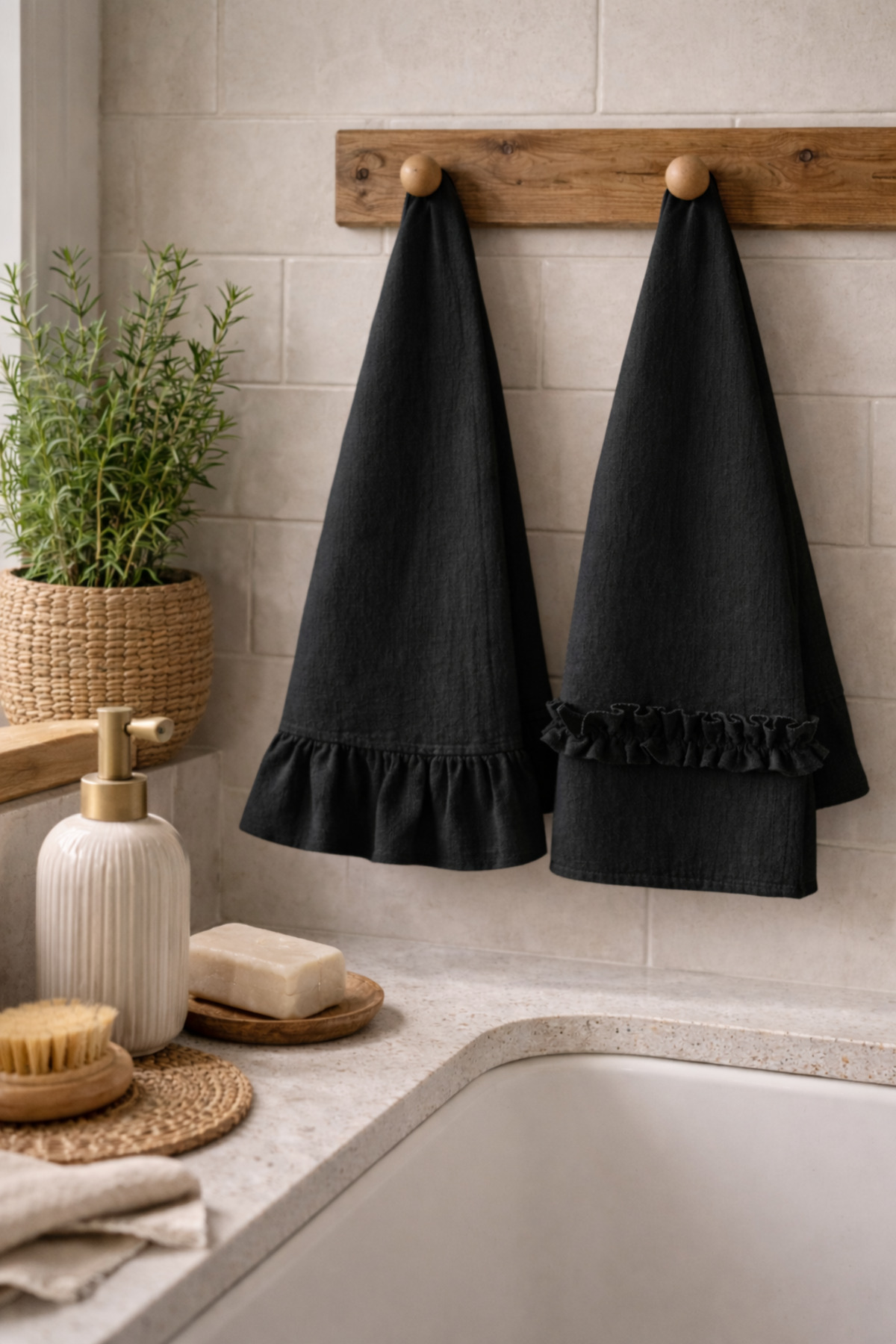 Mirilliahome Siyah Keten Fırfırlı 2’li Set 35x55 cm Doğal Kurulama Bezi - Görsel 3