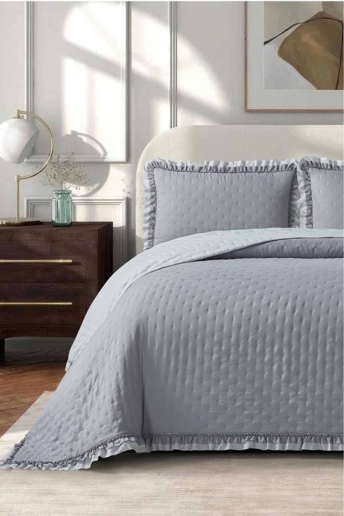 Çeyiz Diyarı Lisbon Elyaf Dolgulu Çift Kişilik 240x260 Cm Yatak Örtüsü Gri