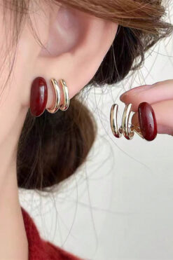 Glaren Bordo Mineli Üç Sıralı Altın Renk Kadın Küpe