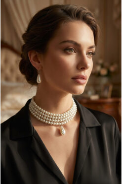 Happyline İncili Tasma Kolye, Choker Kolye,Tasarım Kolye, Şık Kolye, Kolye Set, Küpe Takım, İnci Set Kolye