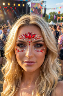 BearPear Red Punch Işıltılı Yüz Mücevheri, Kendinden Yapışkanlı Kırmızı Yüz Taşı