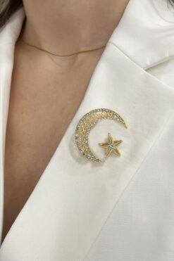 Modex Altın Sarısı Taşlı Ay Yıldız Broş (4 CM)