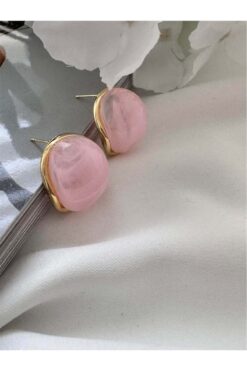 Pelin Aksesuar Pembe Alacalı Taşlı Bombeli Küpe