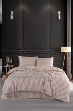 Home Çift Kişilik Çizgili Saten Nevresim Takımı Kahve