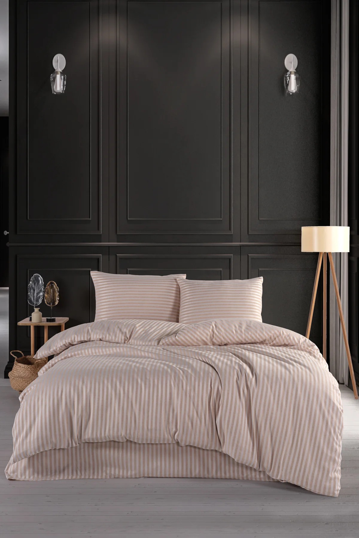 Home Çift Kişilik Çizgili Saten Nevresim Takımı Kahve