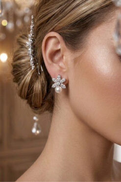 Happyline İncili Zirkon Taşlı Şık Küpe Davet Düğün Nişan Küpe Gümüş Kaplama Gelin Küpesi , Abiye Küpe