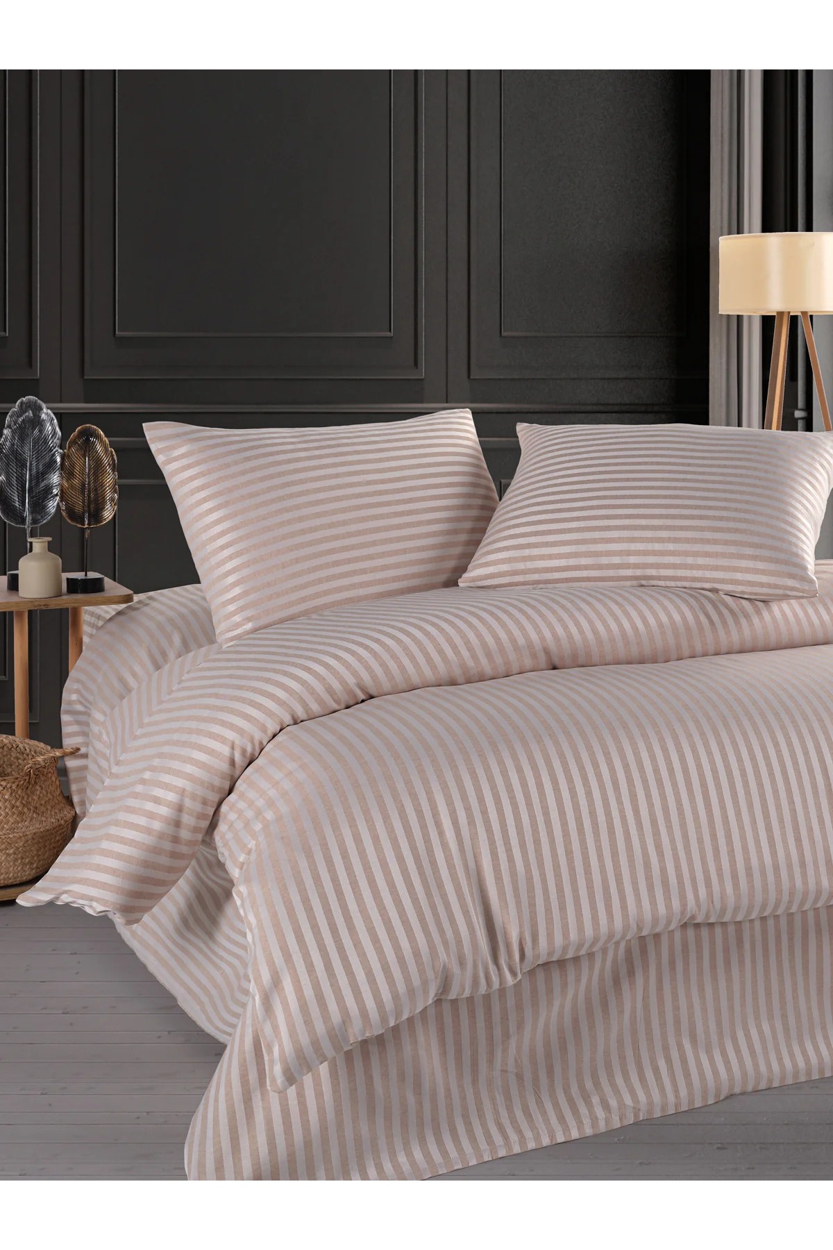 Home Çift Kişilik Çizgili Saten Nevresim Takımı Kahve - Görsel 2