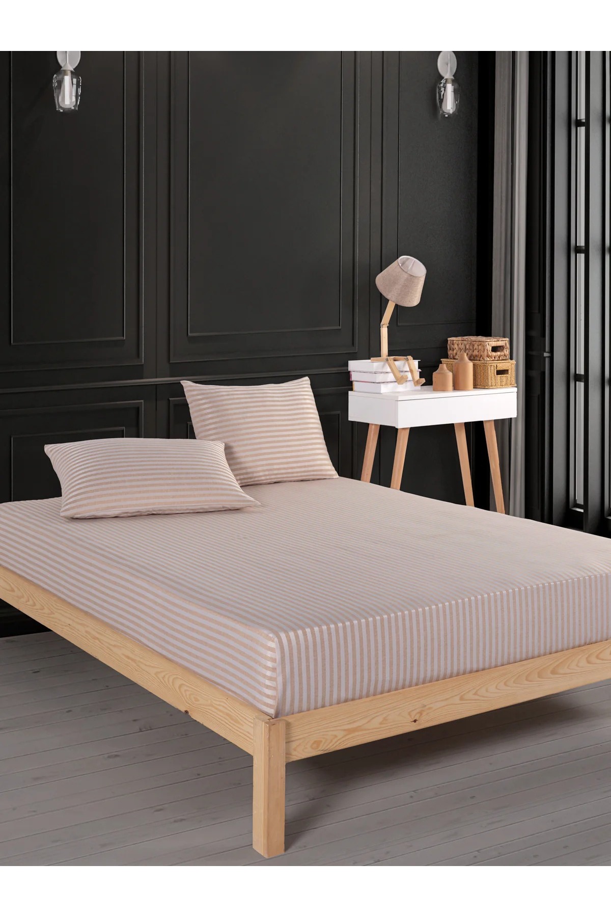 Home Çift Kişilik Çizgili Saten Nevresim Takımı Kahve - Görsel 3