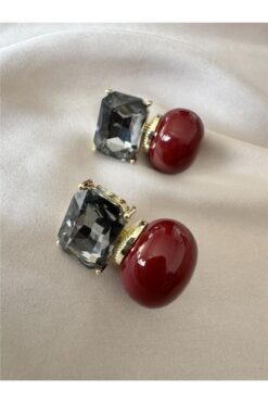 Pelin Aksesuar Bordo Füme Taşlı Küpe