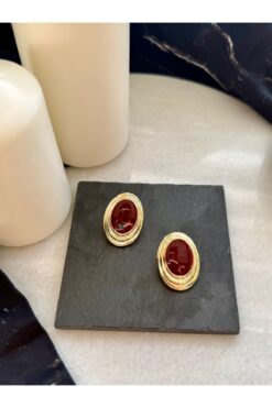 Merishe Jewerly Gold Bordo Mineli Vintage Çivi Küpe