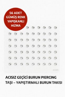Aychra 56 Adet Gümüş Renk Yapışkanlı Hızma – Acısız Geçici Burun Piercing Taşı – Yapıştırmalı Burun Takısı
