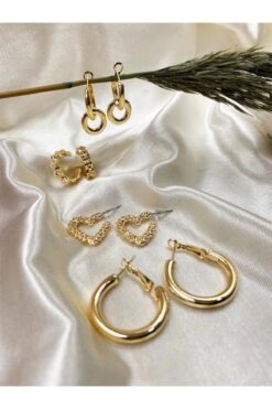 Eylülün Takısı Altın Rengi 4 Çift Kalpli,Salltantılı,Klipsli Ve  Tasarım Küpe