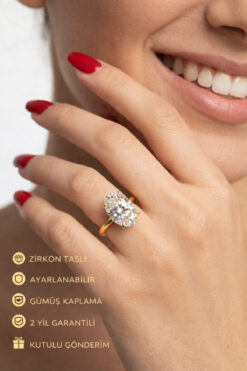 HUBANN Zirkon Taşlı Tektaş Yüzük 14 mm Gold Ayarlanabilir Dev Taş Gösterişli Gümüş Kaplama Kadın Yüzük