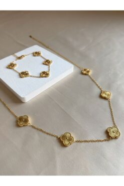 Inure Jewelry Valuable Gold Yonca Model Kadın Çelik (KOLYE & BİLEKLİK) 2'li Set