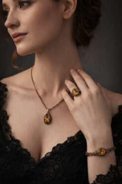 OSMANLI GÜMÜŞ Kadın Bakır Kolye Bileklik Yüzük Set - Zultanit Taşlı Ağaç Kabuğu Model İnce Metal Kutu Kuvars Taşlı