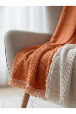 Mujo Home Collection %100 Organik Pamuk 4 Katlı Müslin Koltuk Şalı - TV Battaniyesi - Çift Taraflı Dekoratif Örtü(90x200)