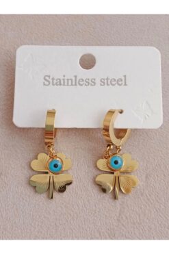 ZENGER BİJOUTERİE Yonca Tasarim Altin Renkli Nazar Boncuklu Kaliteli Paslanmaz Celik Kupe Stainless Stell