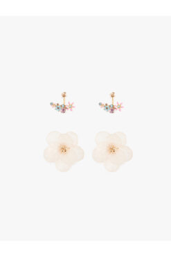 Koton Taş Detaylı Çok Renkli Çiçekli 2'li Küpe Seti