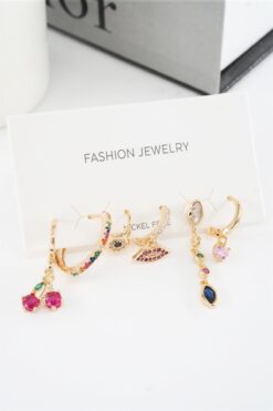 By Zeyna Aksesuar Kadın Vip Seri Mix Zirkon Taşlı 6'lı Küpe Seti