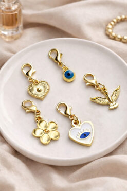 roshel 5 Adet Charm Papağanlı Altın Kaplama Çanta Ayakkabı Charm'ı Nazar-Çiçek-Kalp-Kuş Tak Çıkar