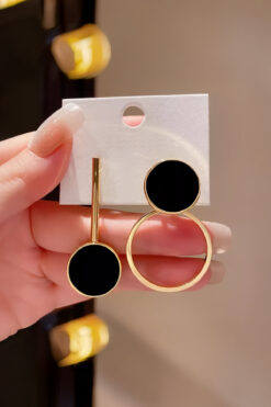 Glaren Siyah Mineli Asimetrik Daire Altın Renk Kadın Küpe