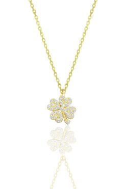 Söğütlü Silver Gümüş Altın Yaldızlı Zirkon Taşlı Dört Yapraklı Yonca Kolye Sgtl10499gold