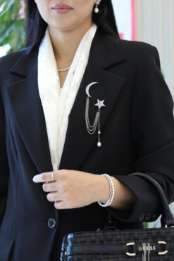 Fatma yaşar Ay Yıldız Altın Kaplama Zirkonyum Taşlı Incili Broş