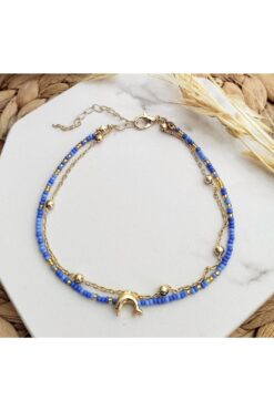 HALHALMILL Mavi Boncuklu Gold Renkli Yunus Sallantılı Halhal