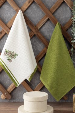Sevim 2’li Mutfak Havlusu Seti - Ekru Ve Yeşil Renk - Zeytin Figürlü Pamuk 40x60 Cm