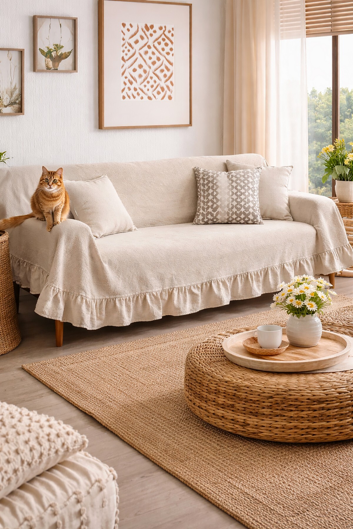 cotton maison Naturel Fırfırlı Koltuk Örtüsü Şalı Vintage 220x180 Cm