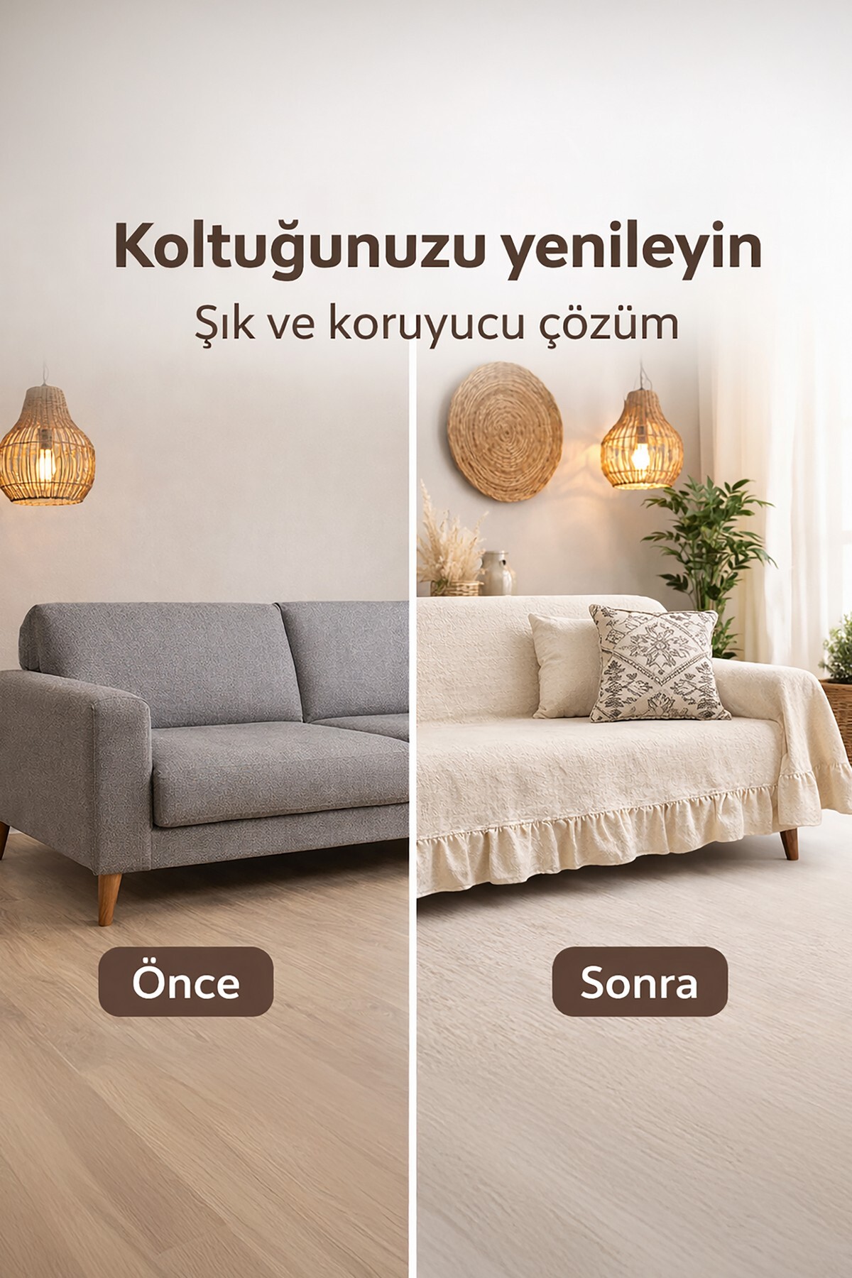 cotton maison Naturel Fırfırlı Koltuk Örtüsü Şalı Vintage 220x180 Cm - Görsel 2