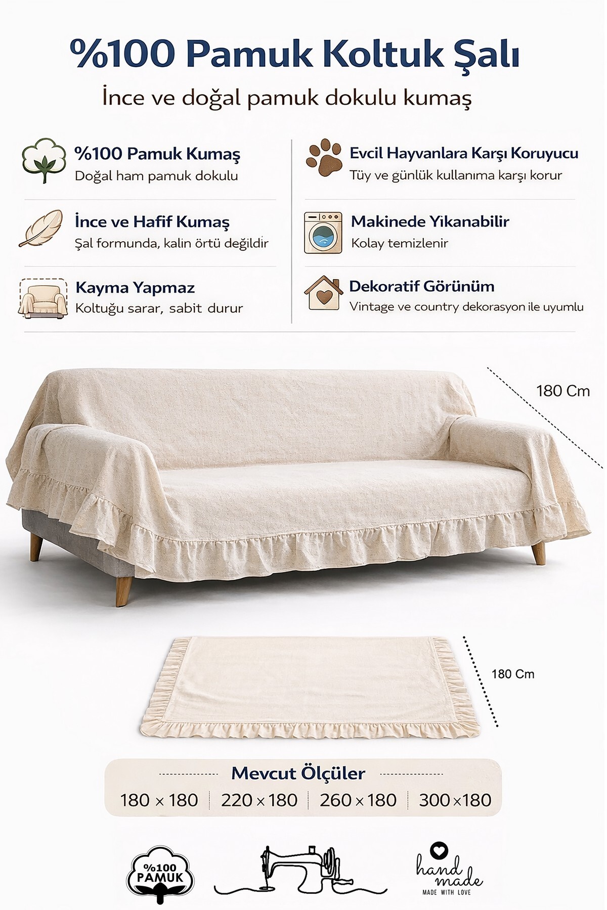 cotton maison Naturel Fırfırlı Koltuk Örtüsü Şalı Vintage 220x180 Cm - Görsel 3